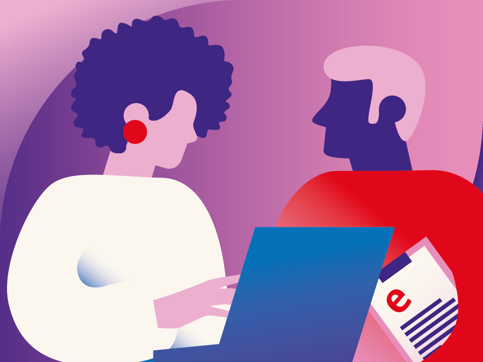 Bunte Illustration, auf der zwei Mitarbeitende der UHH gemeinsam arbeiten